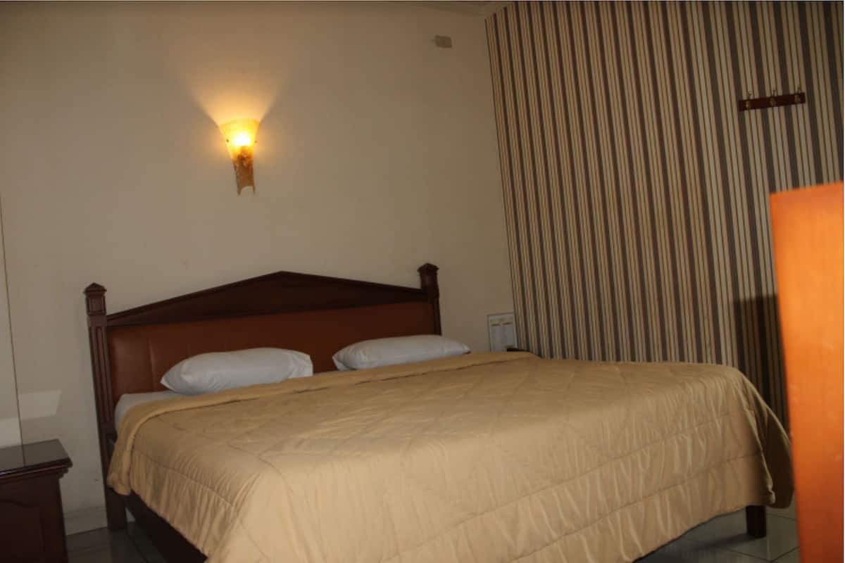 A standard hotel room with a single bed, a nightstand, a wall-mounted light, and a striped curtain.