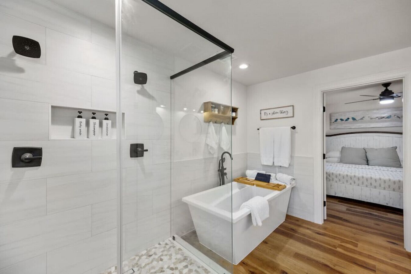 Shower, eco-friendly toiletries, hair dryer, towels