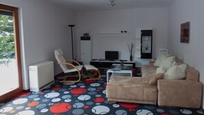 Un salon comprenant un canapé, un fauteuil, un téléviseur, un radiateur et un tapis à motifs.