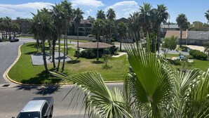 Zona residencial con palmeras, una calle sinuosa y un edificio con varios balcones.