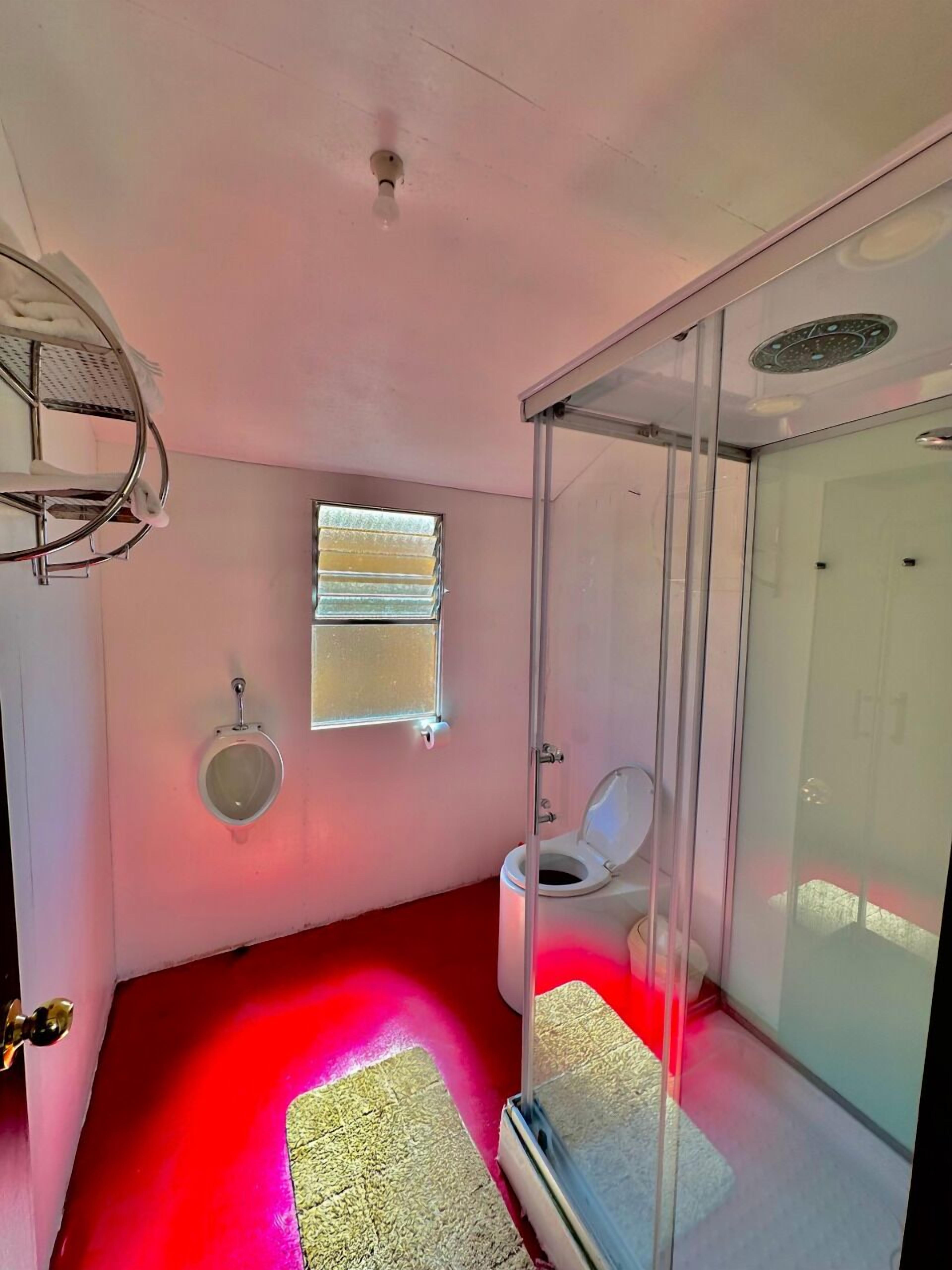 A bathroom with a urinal, toilet, and shower enclosure.