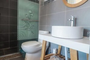 Um banheiro com vaso sanitário, pia com espelho e área de chuveiro.