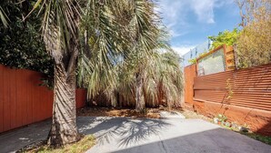 A paved driveway leading to a gated area with palm trees and a red fence.