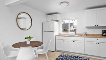 Fridge, microwave, coffee/tea maker, dining tables