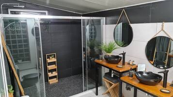 Shower, hair dryer, towels, soap