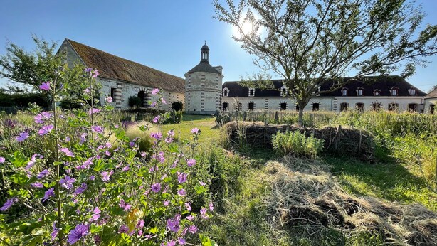 A historic building with a central tower, surrounded by a garden with purple flowers and haystacks. - Nice little cozy cottage, ideal for a romantic stay (Champlay)