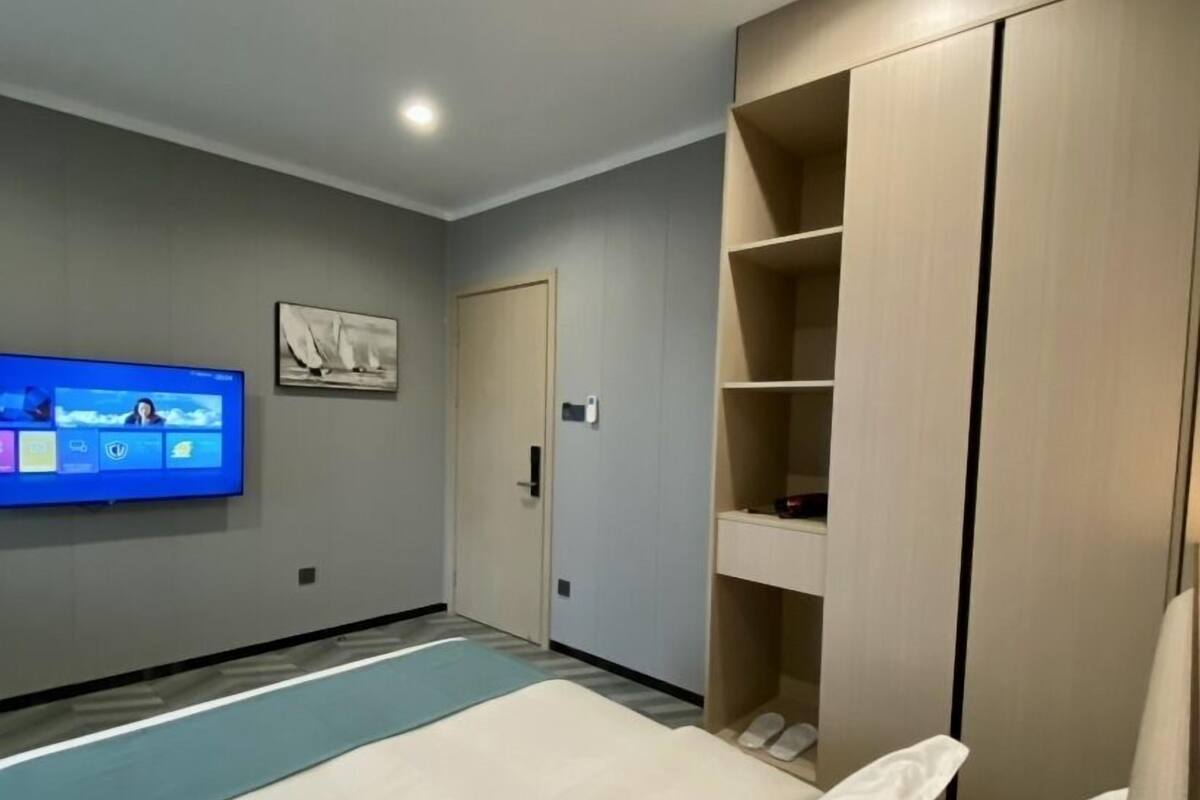 Una habitación de hotel moderna con cama, televisor, armario y puerta.