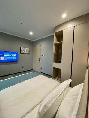 A modern hotel room with a bed, a television, a wardrobe, and a door.