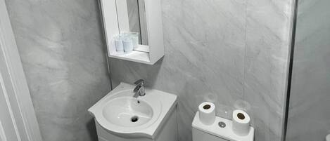 Une salle de bain avec un lavabo blanc, un miroir et des toilettes.