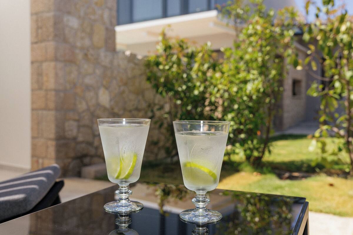 Two glasses of clear liquid with lime slices on a reflective surface, set against a stone wall and greenery.