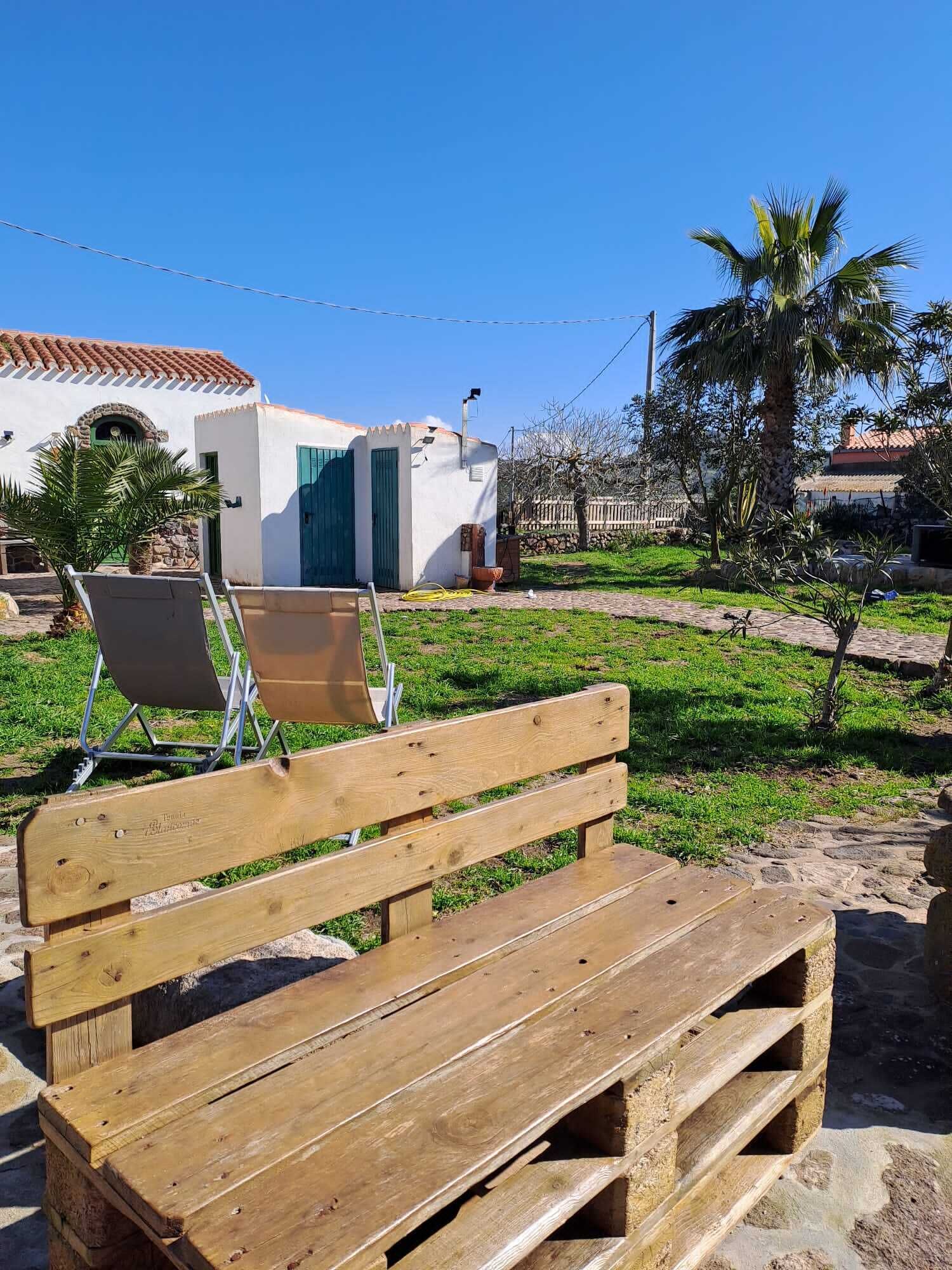 A wooden bench in a grassy area with a white building in the background.