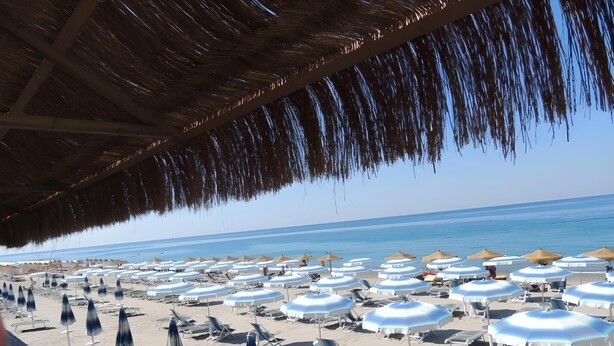 Une plage dotée de nombreux parasols et de chaises longues, d’une structure à toit de chaume et offrant une vue sur la mer.