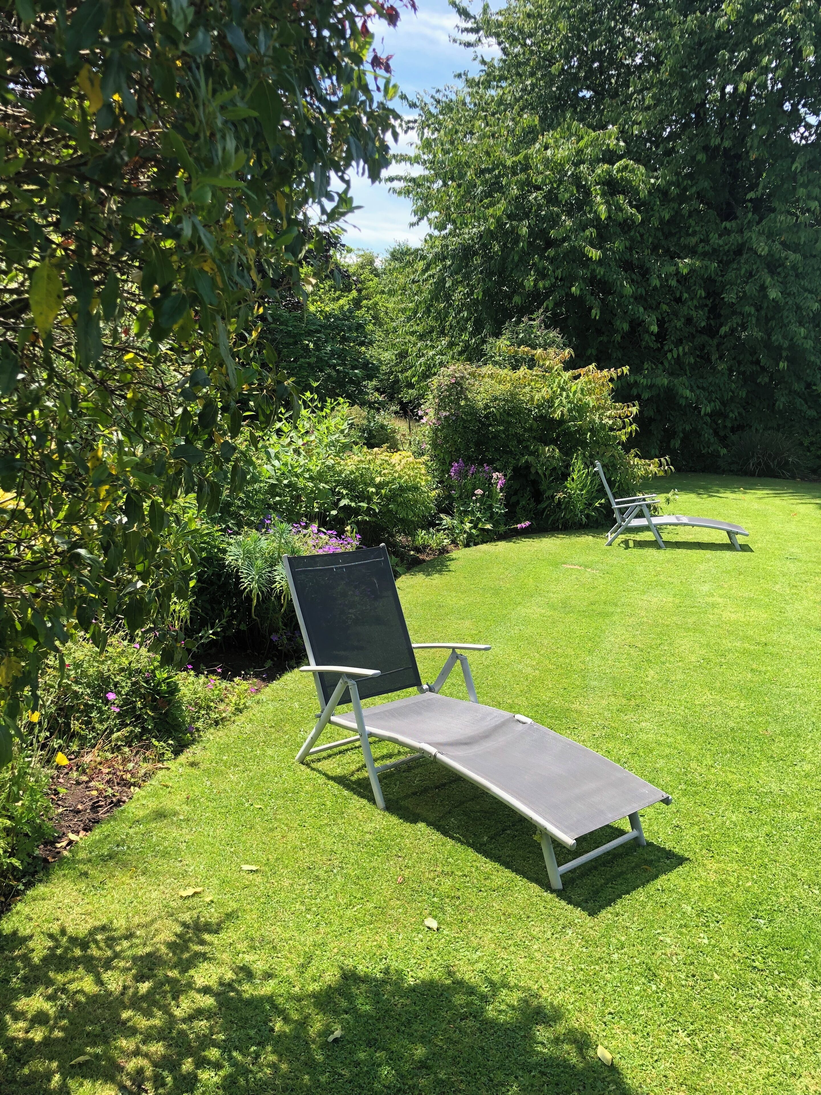 A garden with two lounge chairs and a well-maintained lawn.
