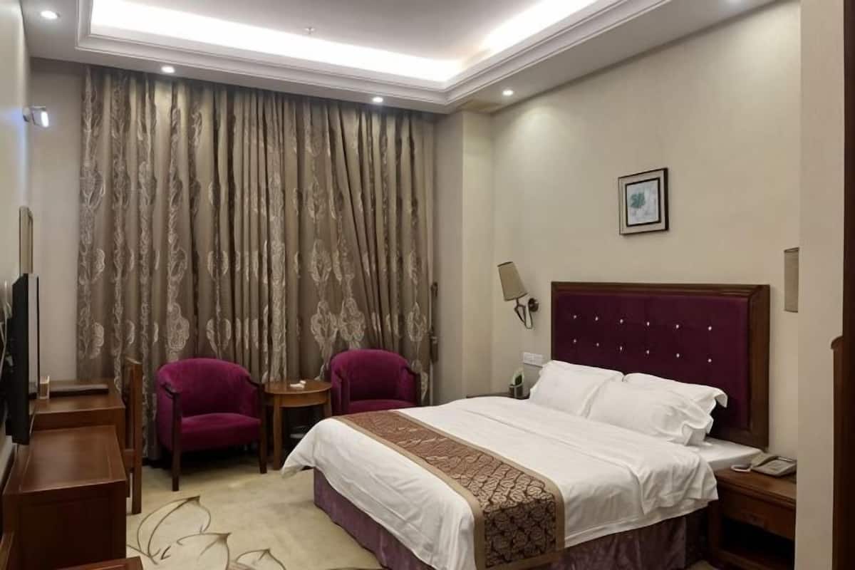 A hotel room with a large bed, two armchairs, a desk, and a TV.