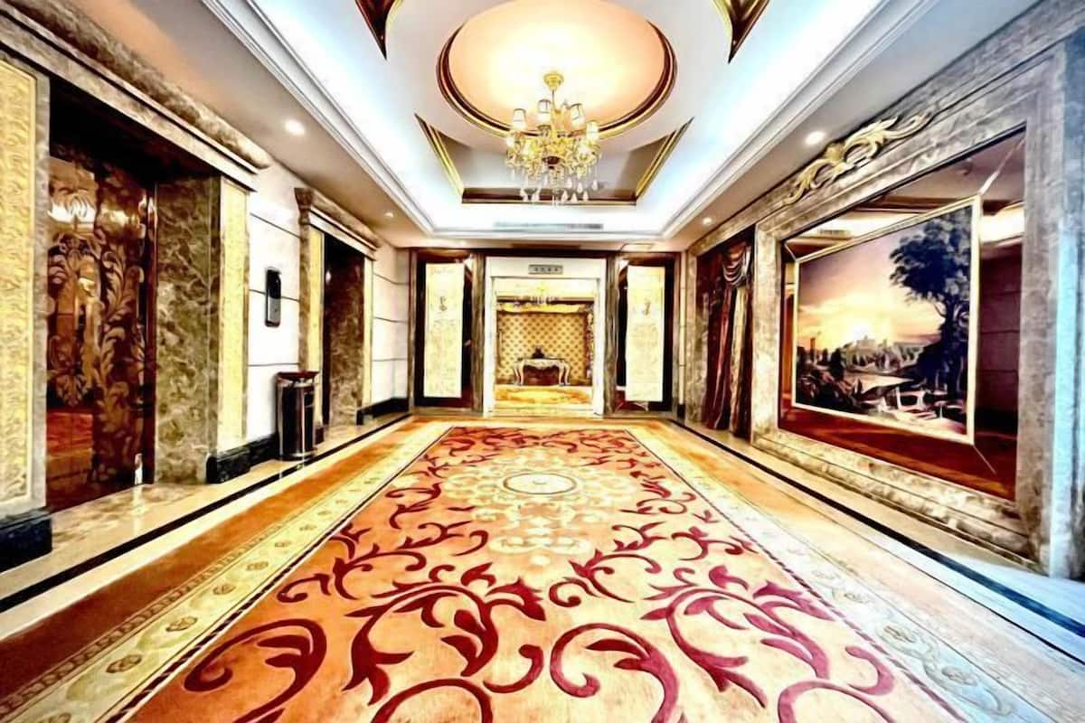 A grand hallway with a patterned carpet, a chandelier, and framed artwork on the walls.