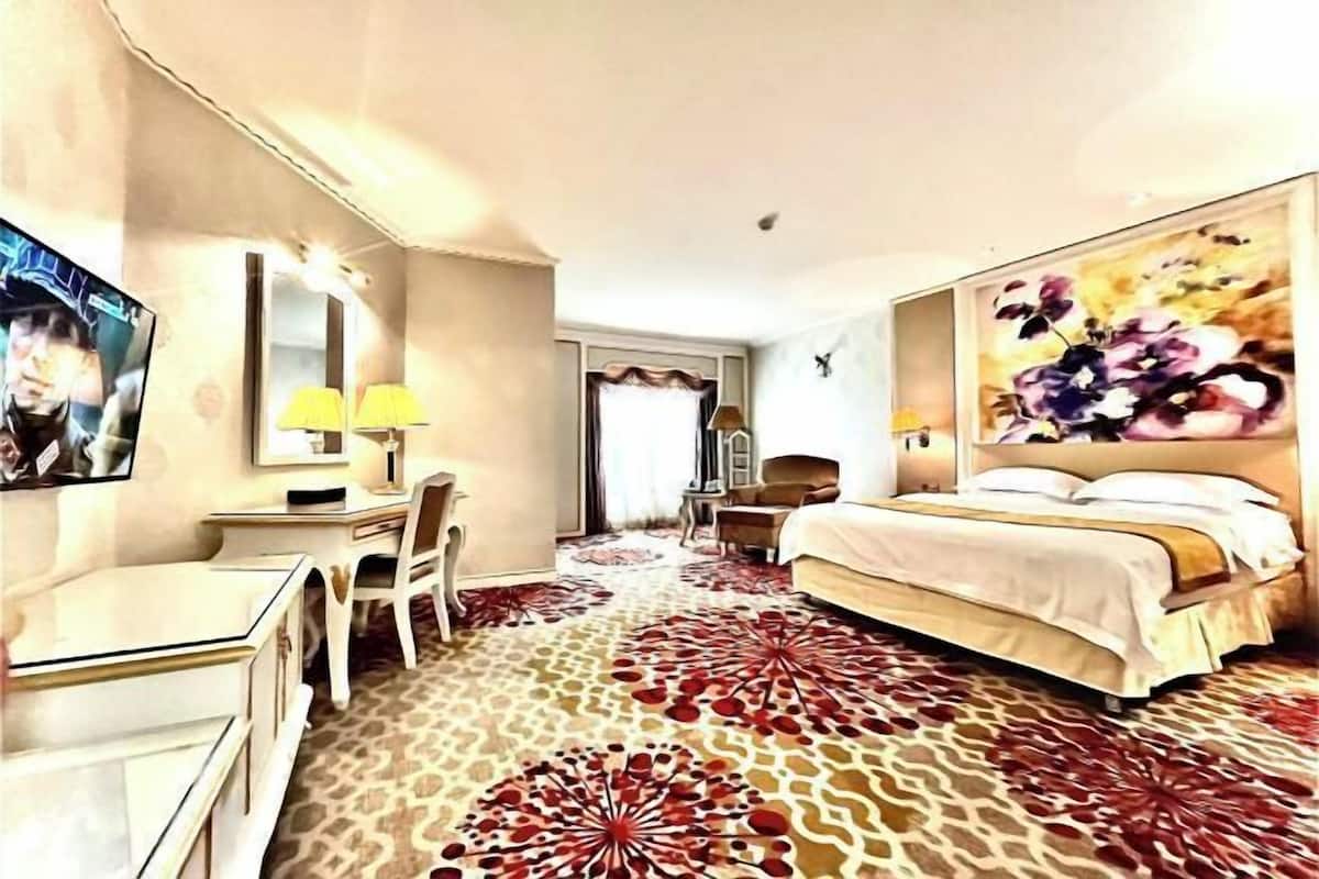 A hotel room with a bed, desk, chair, and a television.