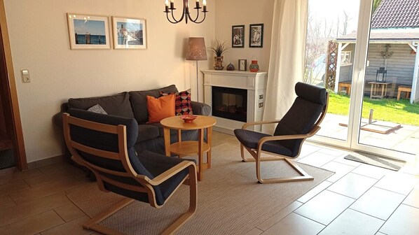 Télévision, cheminée, lecteur de DVD, livres