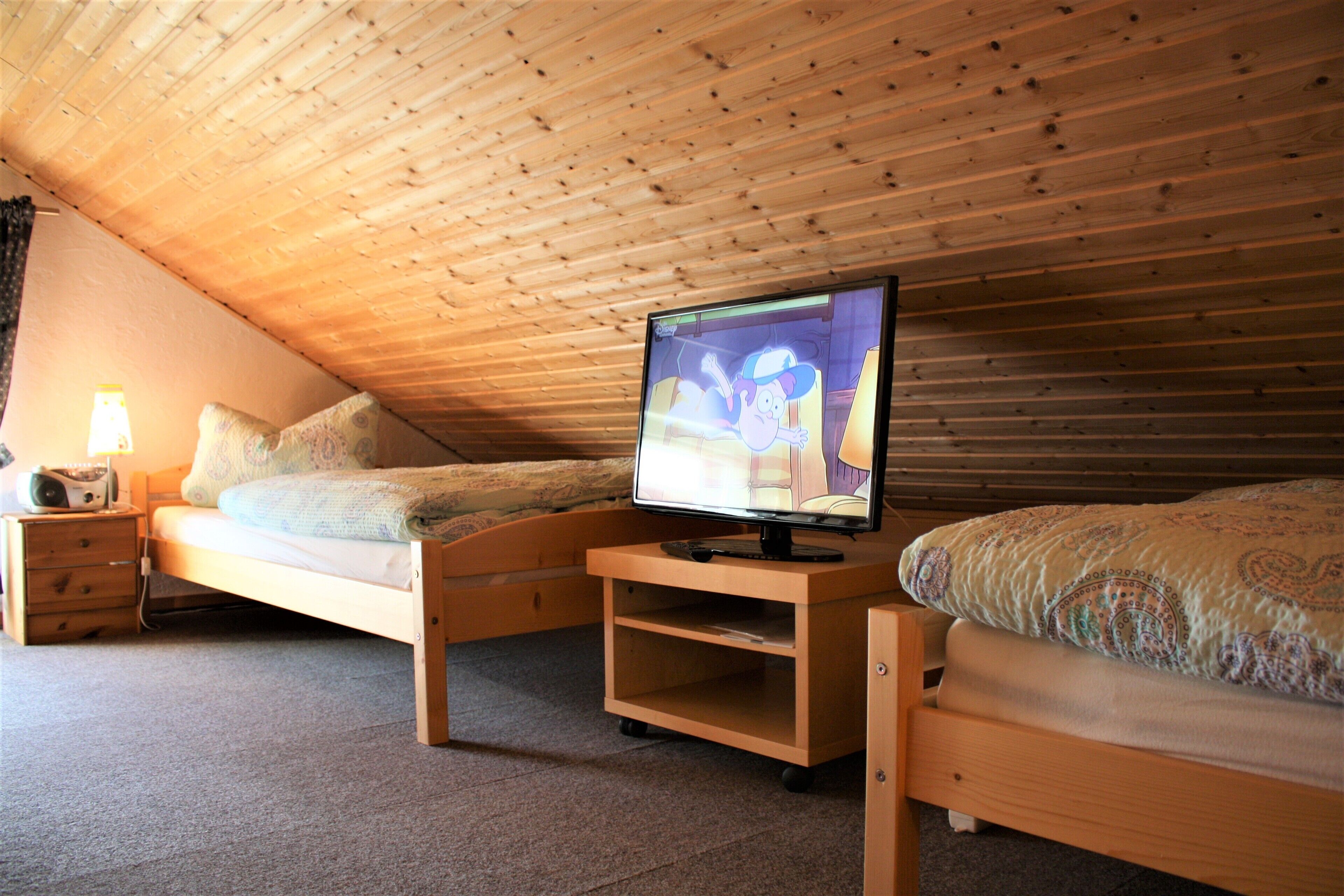 A bedroom with two single beds, a wooden ceiling, a television on a stand, and a bedside table with a lamp.