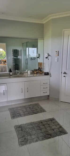 Regadera, secadora de cabello, toallas, jabón 