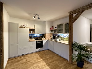 A modern kitchen with white cabinets, a wooden floor, and a mountain mural backsplash.
