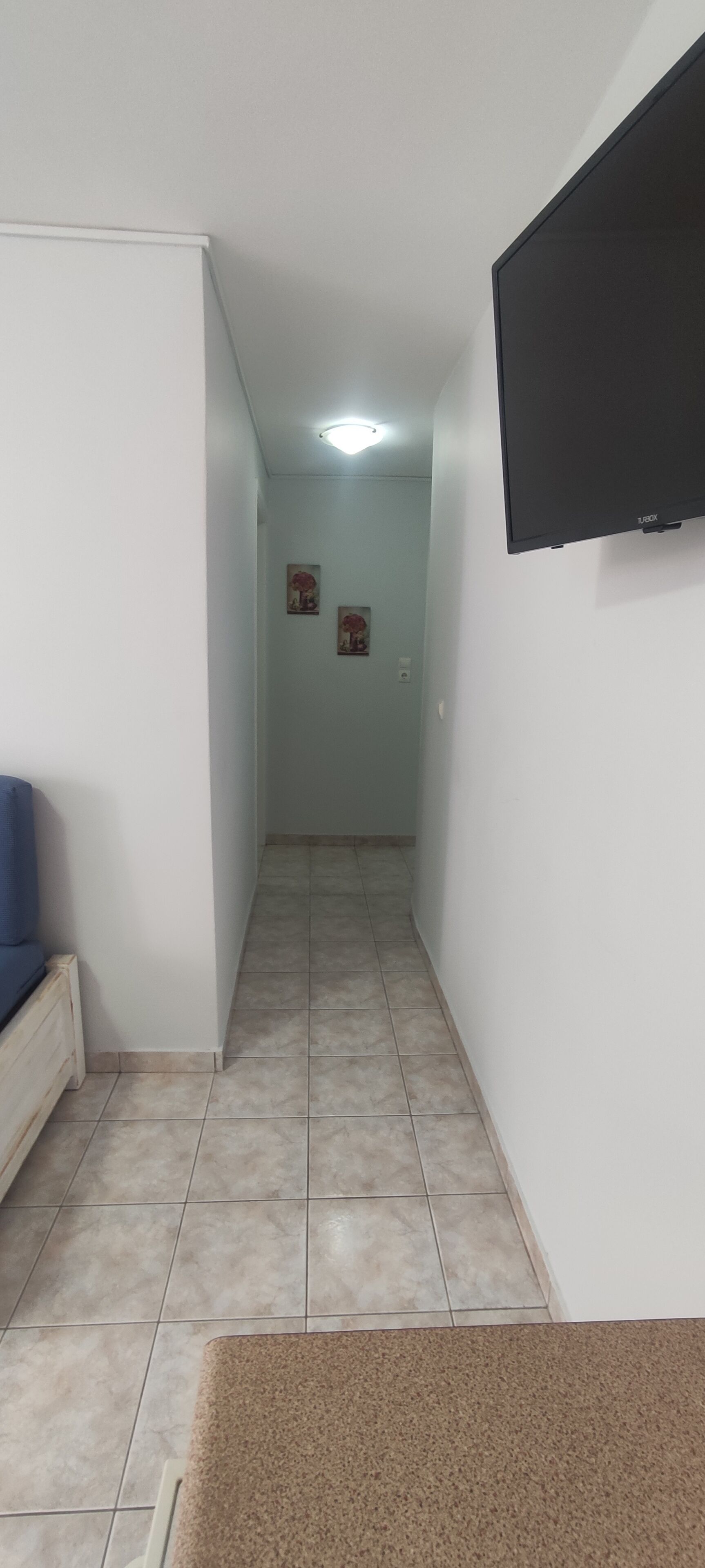 Ein schmaler Flur mit Fliesenboden, einer blauen Couch, einem flachbildschirm-Fernseher an der Wand und zwei gerahmten Bildern an der Wand.