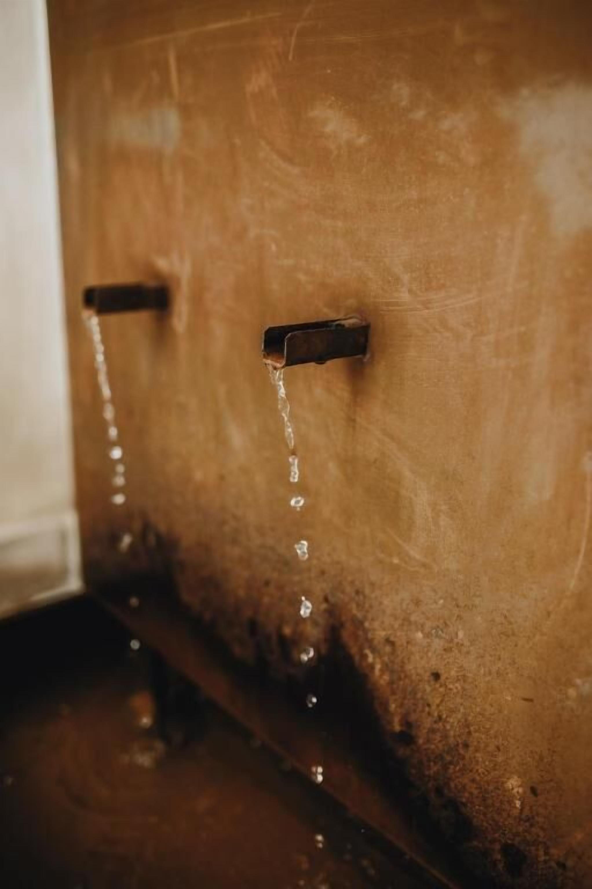 Primer plano de un dispensador de agua con agua saliendo de los grifos.