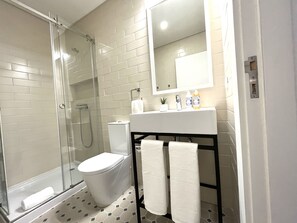 Dusche, Haartrockner, Handtücher, Toilettenpapier