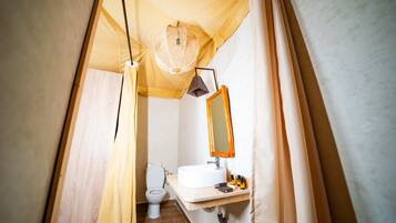 A narrow bathroom with a toilet, sink, and mirror.