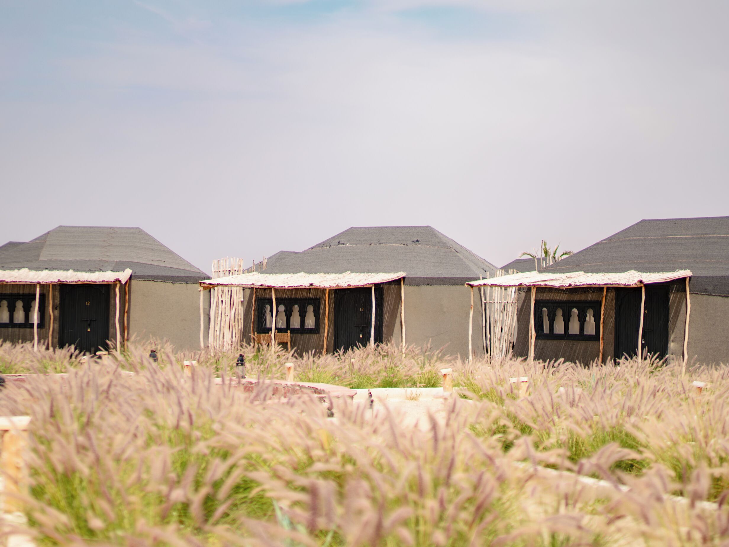 A row of simple, single-story buildings with flat roofs, surrounded by tall grass.
