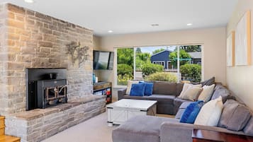 Smart TV, fireplace, DVD player, books