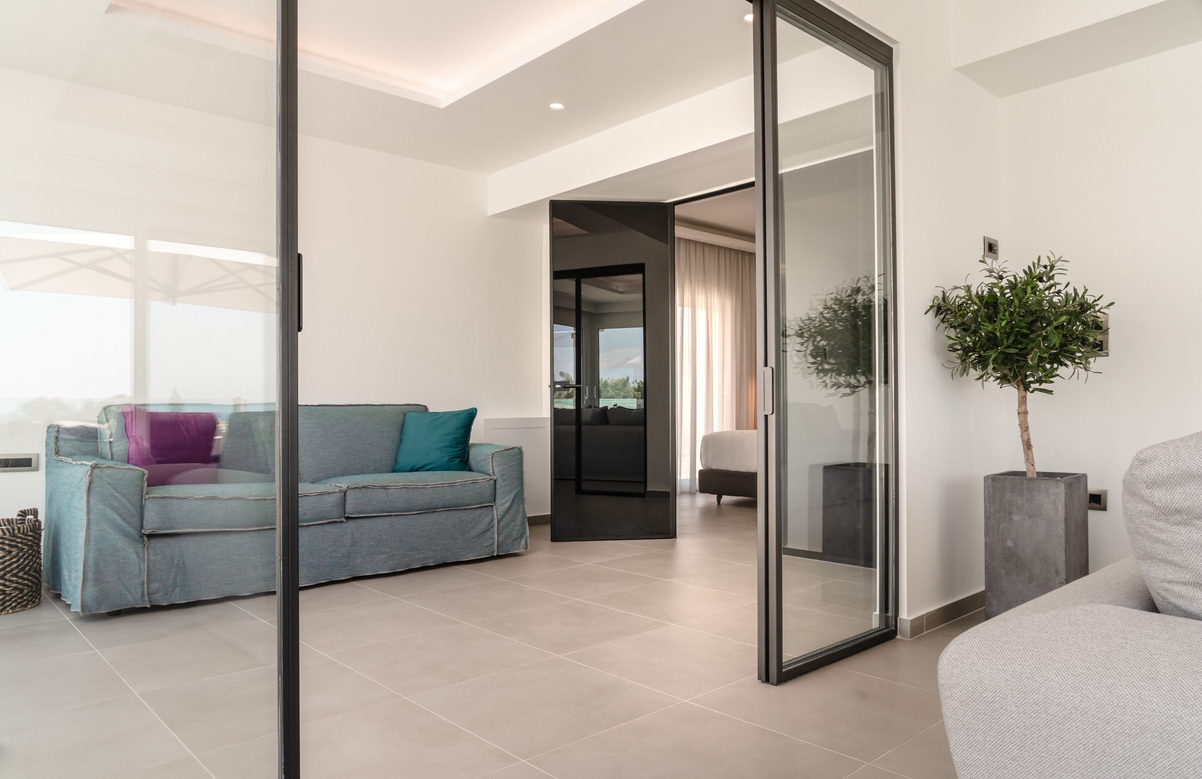 Una sala de estar moderna con un sofá gris, un sofá azul con cojines verde azulado, un separador de vidrio y una planta en maceta.