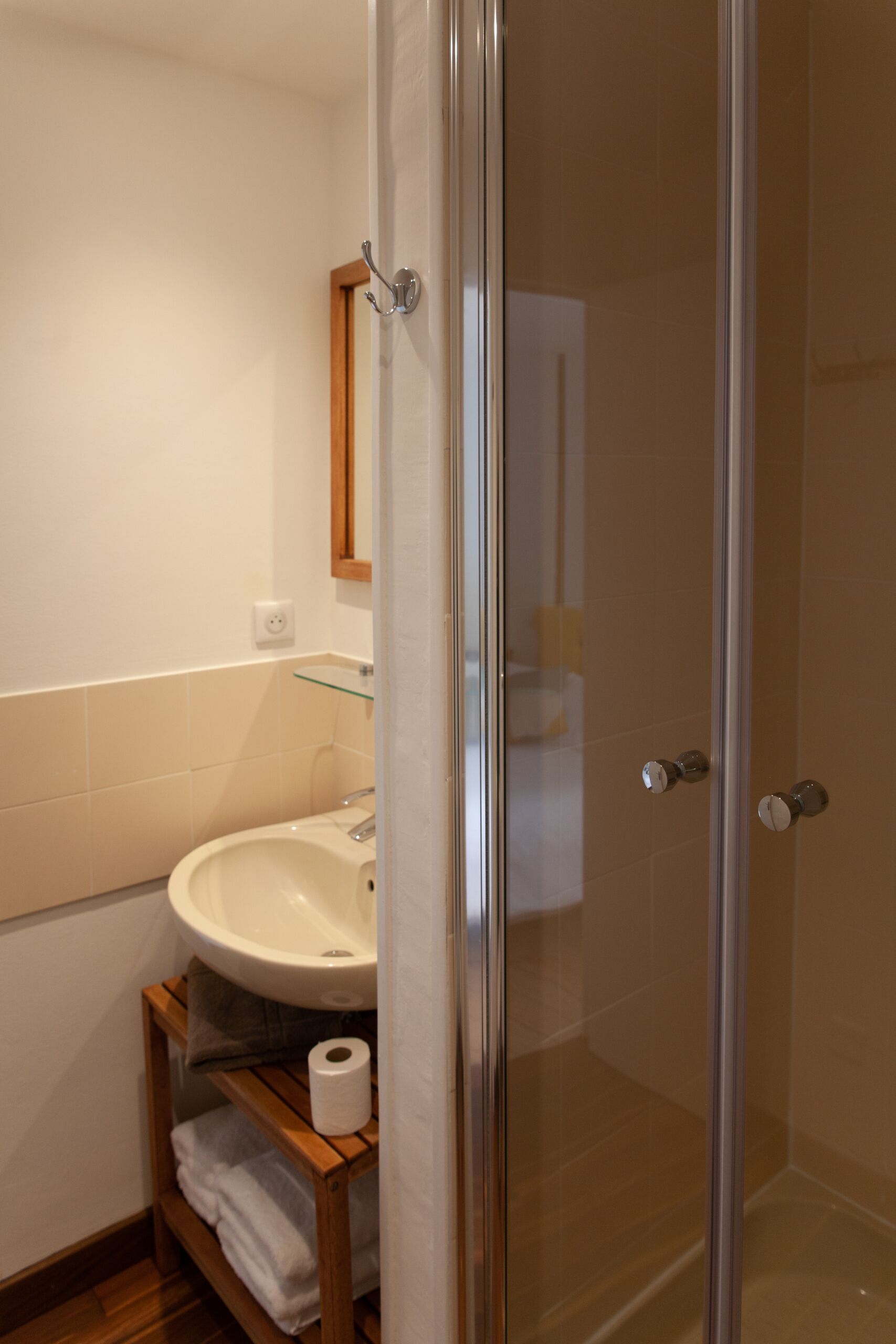 A bathroom with a glass shower enclosure, a sink with a mirror above it, and a towel rack.