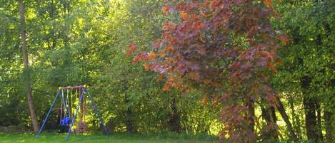 A grassy area with a swing set and a tree with red leaves.