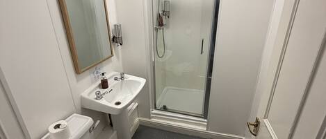 A compact bathroom with a toilet, sink, and glass-enclosed shower.