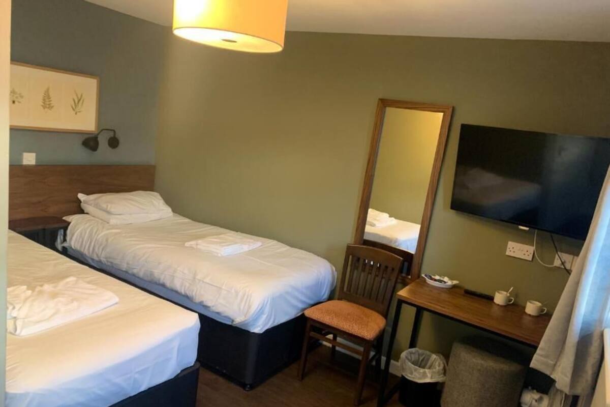 A hotel room with two beds, a desk, a chair, a television, and a mirror.