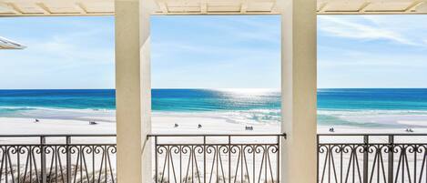 On the beach, sun loungers, beach towels