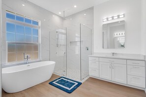 Shower, hair dryer, towels, toilet paper
