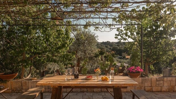 An outdoor dining area with a wooden table and benches, surrounded by trees and potted plants.