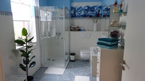 Shower, hair dryer, towels, soap