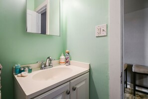 Hair dryer, towels, soap, shampoo
