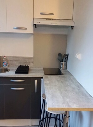 Fridge, microwave, stovetop, coffee/tea maker