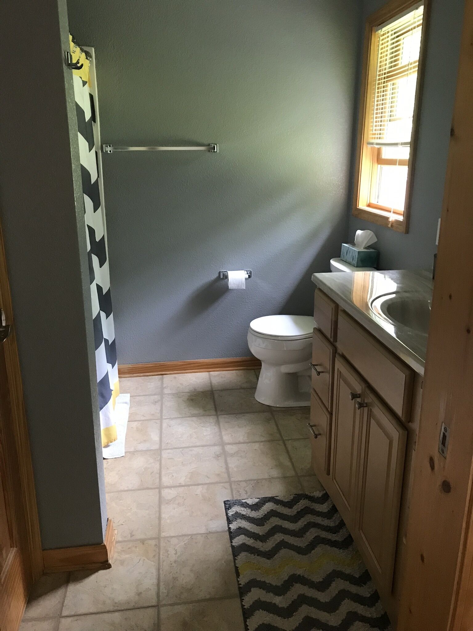 A small bathroom with a toilet, a towel rack, a mirror, and a shower curtain.