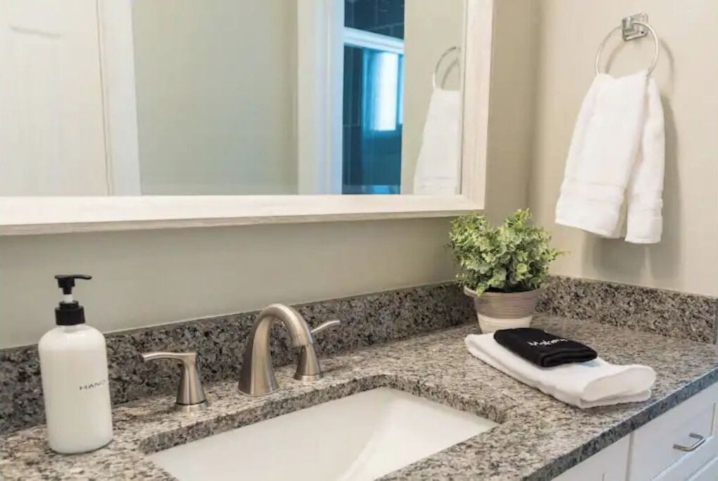 A bathroom with a granite countertop, a sink, a mirror, a potted plant, a towel rack, and a bottle of hand soap.