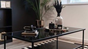 Un soggiorno moderno con un tavolino in vetro, libri, un vaso decorativo e una pianta in vaso.