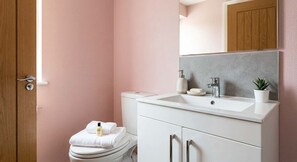 A bathroom with a white toilet, a sink with a mirror above it, and a small potted plant on the sink.