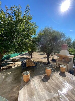 Un patio al aire libre con mesa y sillas de madera, rodeado de plantas en macetas y una parrilla.