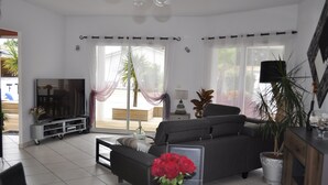Un salon moderne avec un canapé gris, un téléviseur posé sur un meuble, une table basse en verre et un vase avec des fleurs rouges.