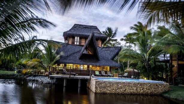 A thatched-roof house with a pool, surrounded by palm trees.