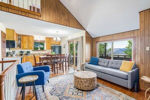 TV, fireplace, books, offices