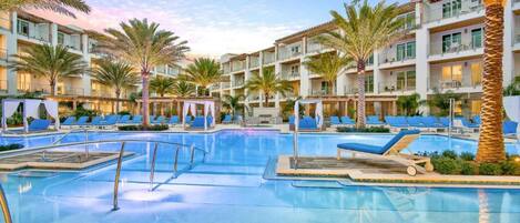 Outdoor pool, pool umbrellas, pool loungers